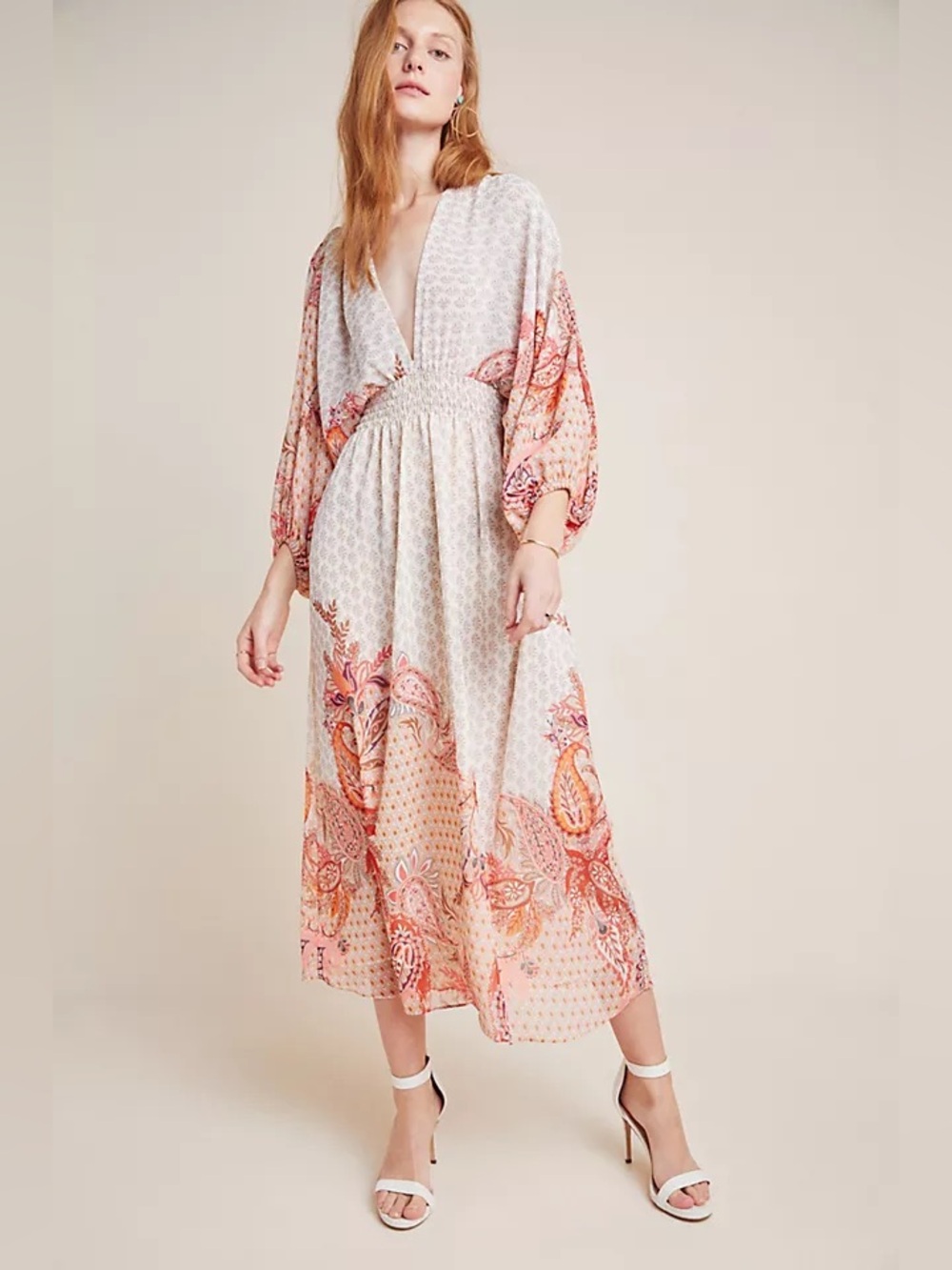 NWT MISA Los Angeles Emala Paisley Maxi Dress Floral Boho Resort Tan Orange Sz L